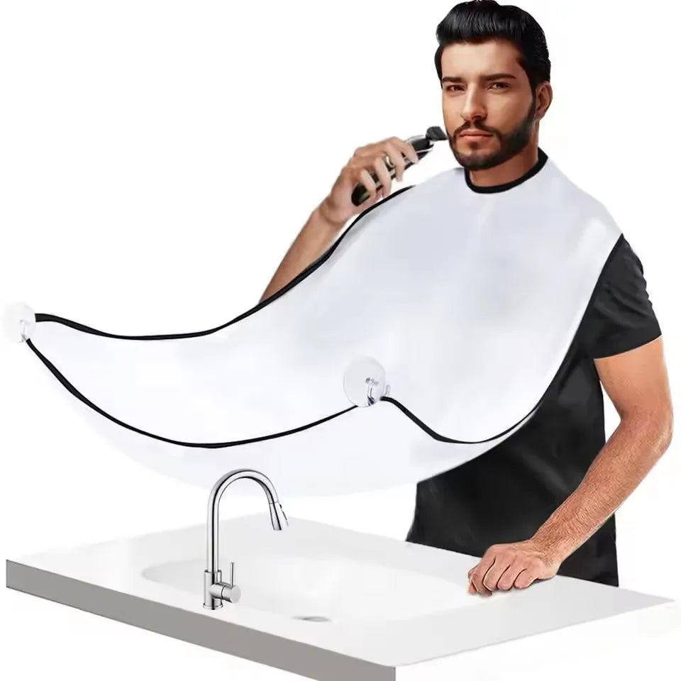 Beard-trimming apron shown worn during grooming and emptied afterward