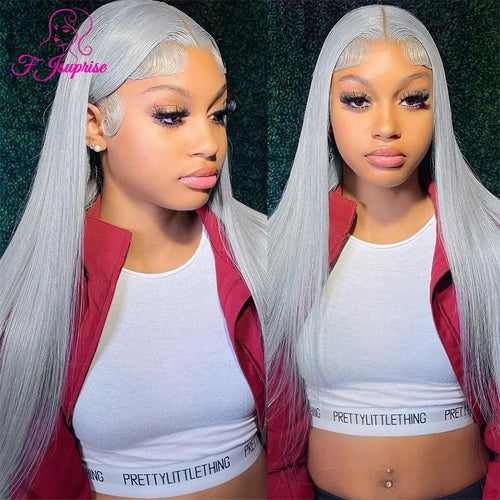 Long silver-gray straight wig with hairstyle and hairline views
