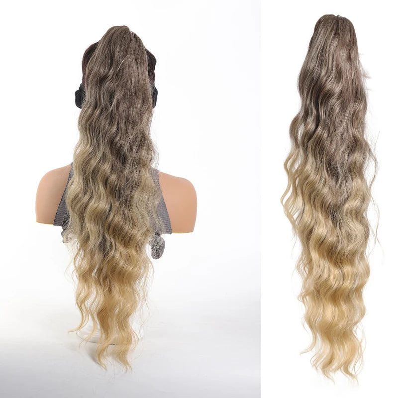 Long wavy ponytail extension shown on a mannequin and laid out