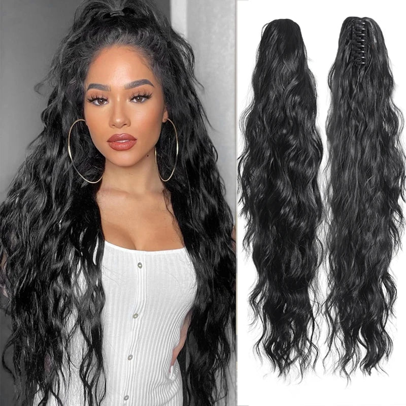 Long wavy ponytail extension with styling example