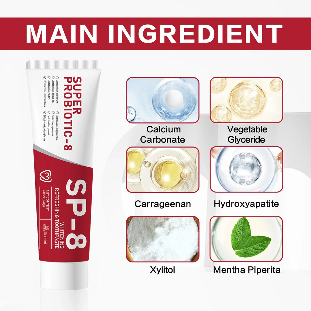Probiotic toothpaste with ingredients and tooth brushing illustrations