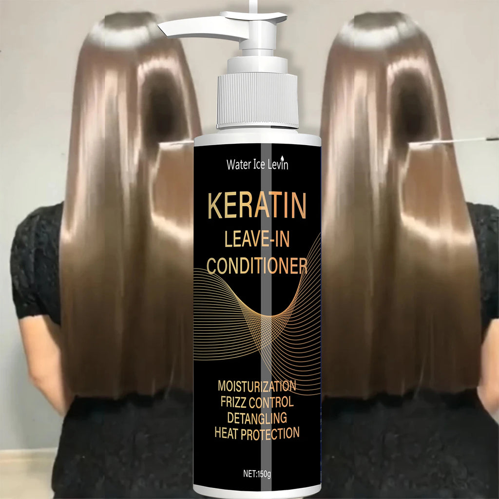 Keratin conditioner with hairstyle and ingredient graphics