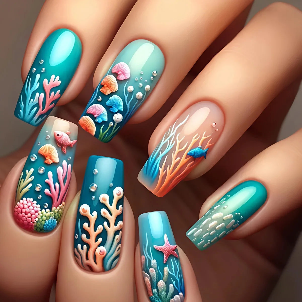 Colorful marine-themed nail artwork shown on hands