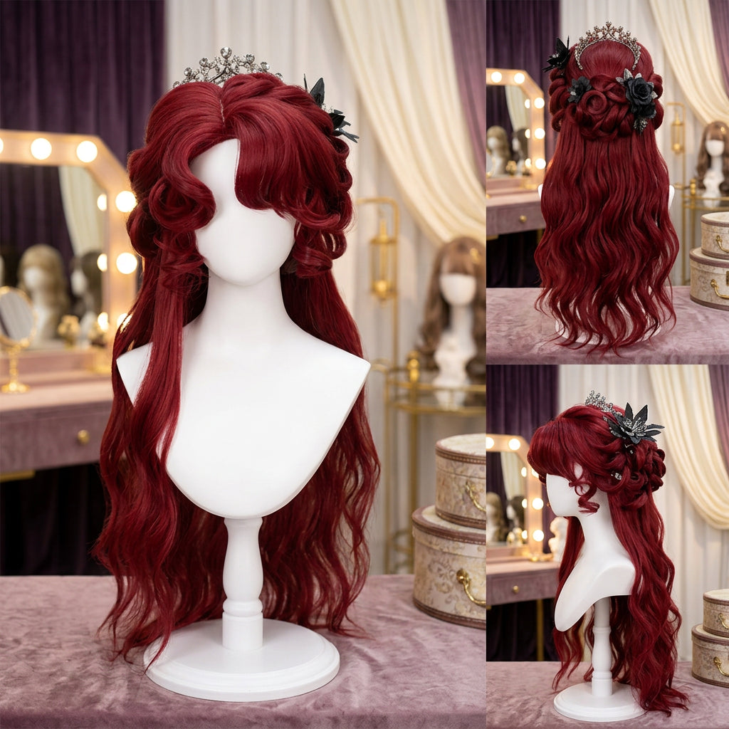 Cosplay wig shown with front, back or styling views
