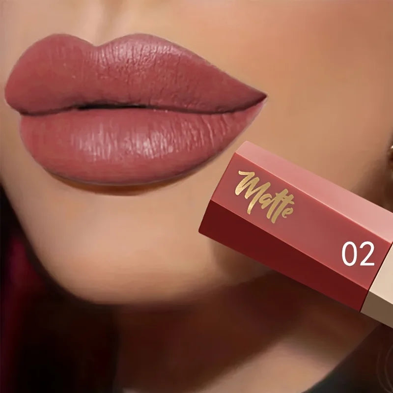 Liquid lipstick shade shown on lips beside its numbered tube