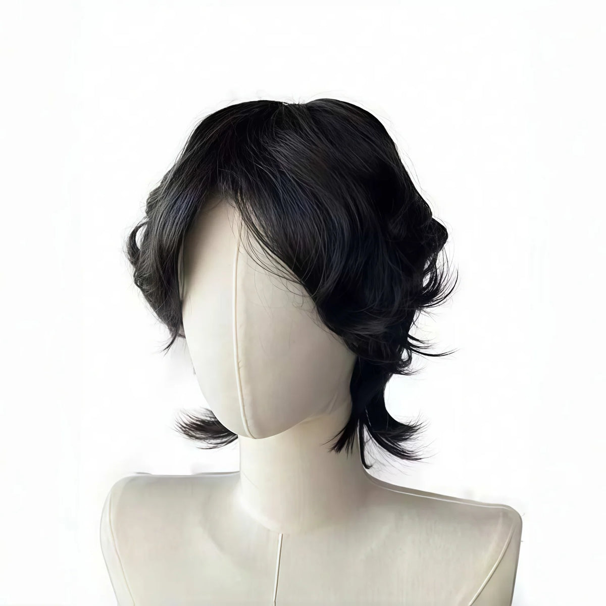 Short layered dark wig with front and side views