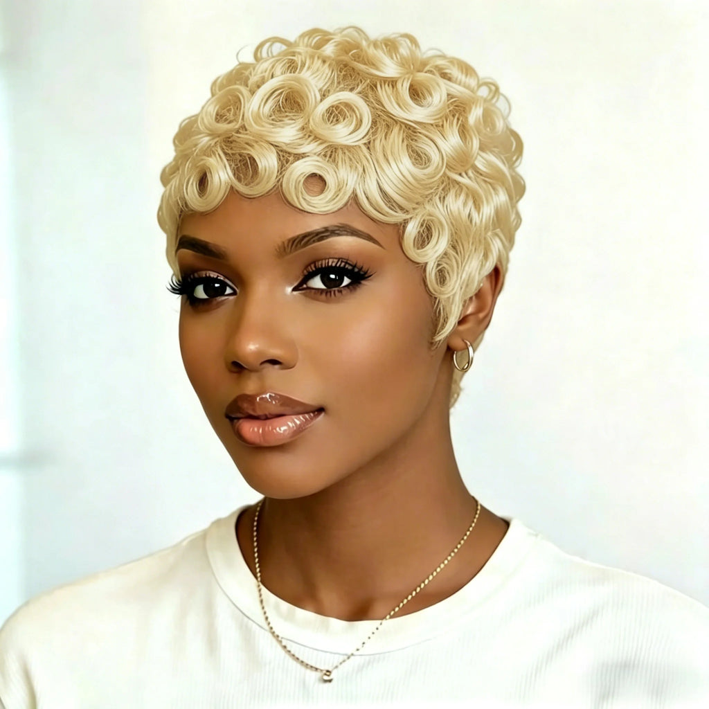 Short curly wig shown from different angles