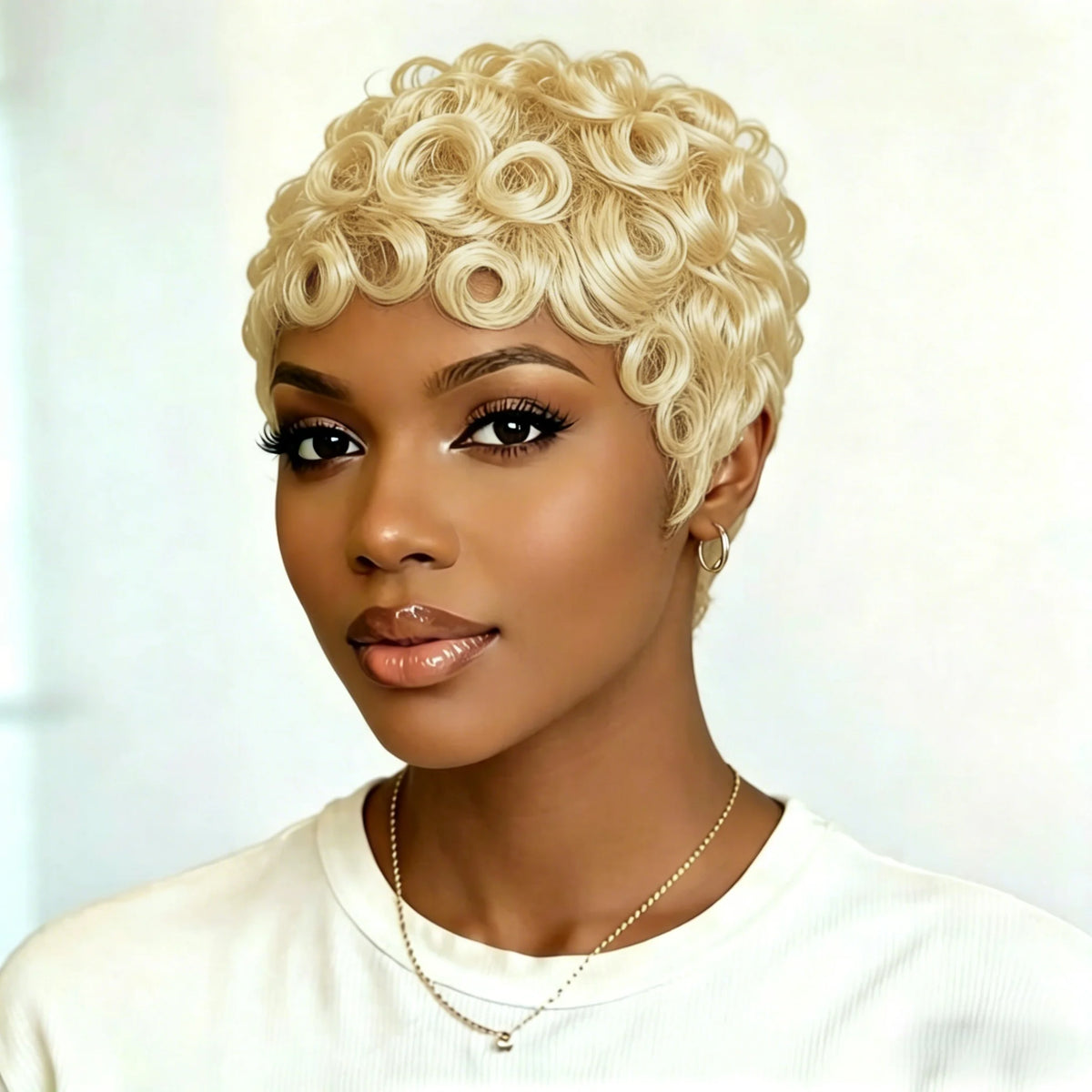 Short curly wig shown from different angles