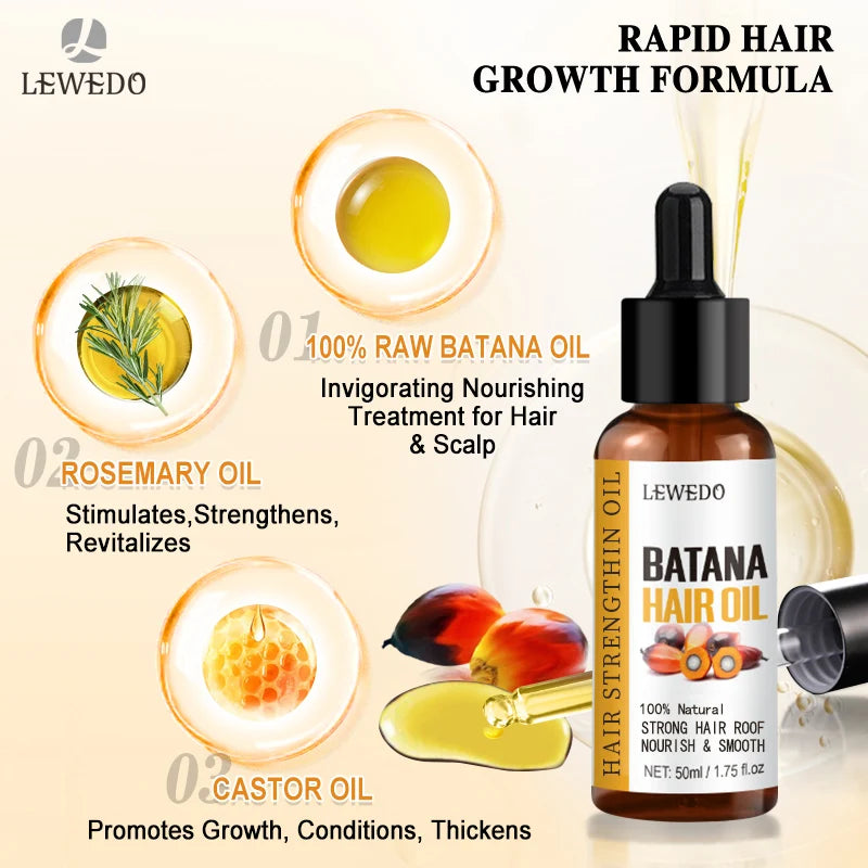 Batana hair oil with hairstyle and ingredient illustrations