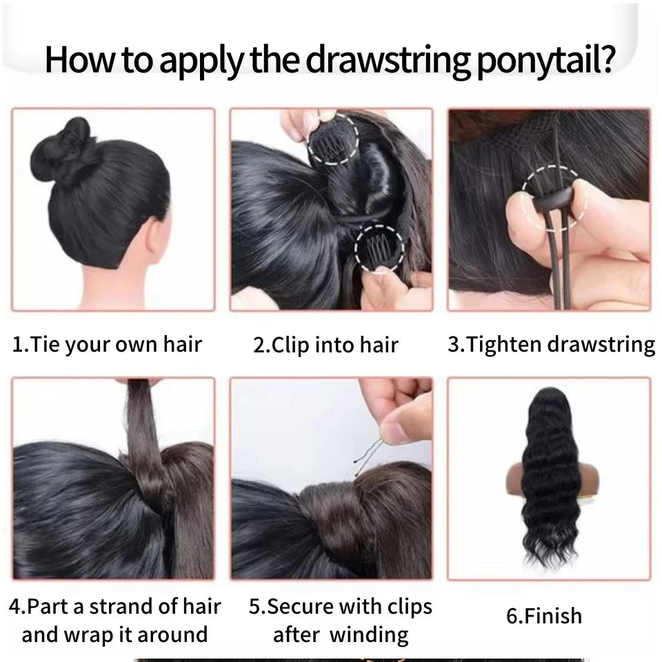 Step-by-step drawstring ponytail attachment instructions