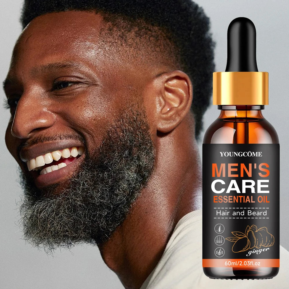 Men's care oil bottle with grooming, ingredient and application graphics