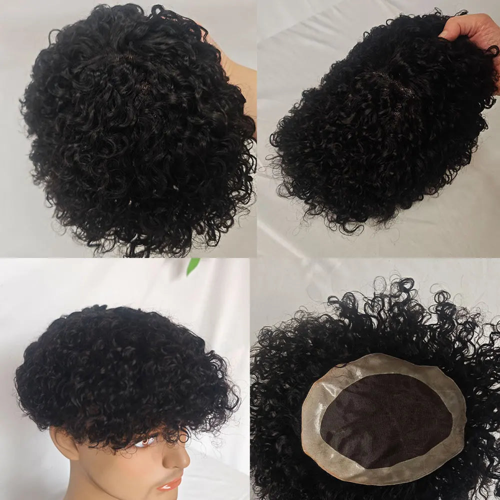 Curly hair toupee showing curl texture and base