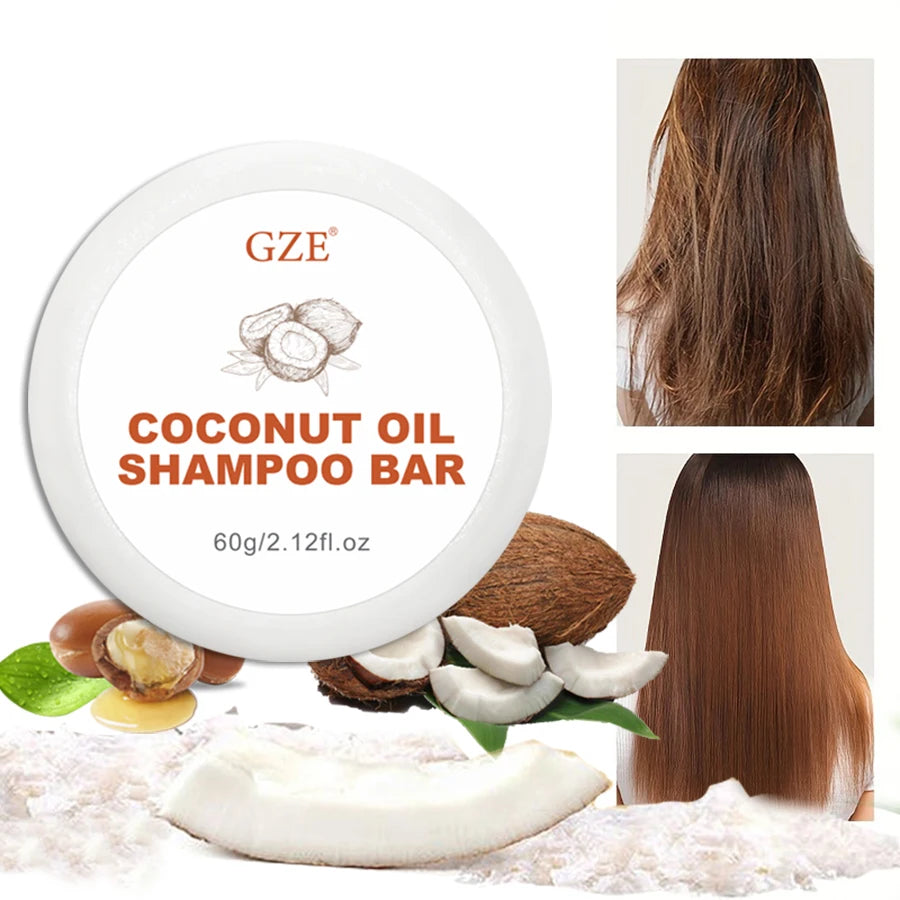 Coconut oil shampoo bar with hair and ingredient graphics