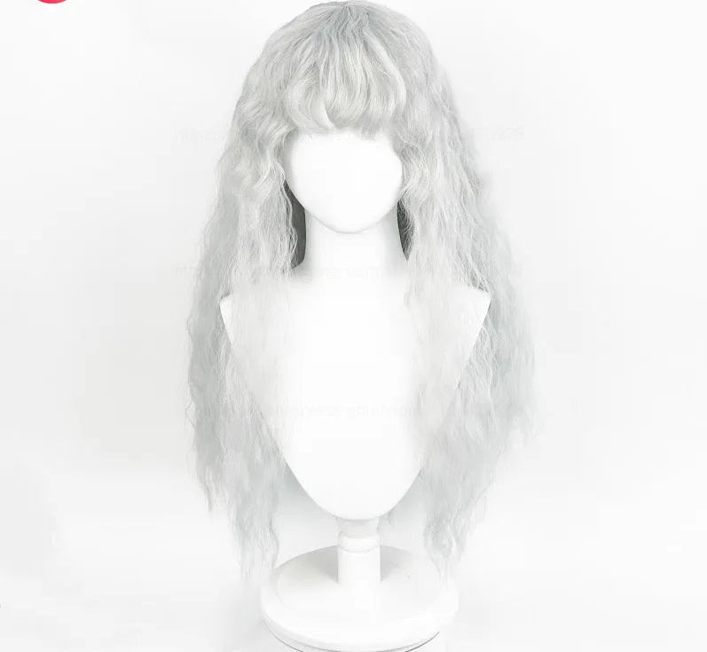 Long white wavy cosplay wig shown on a mannequin