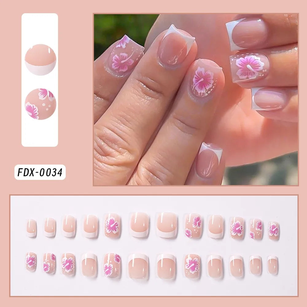 Press-on nail set with manicure example and design samples