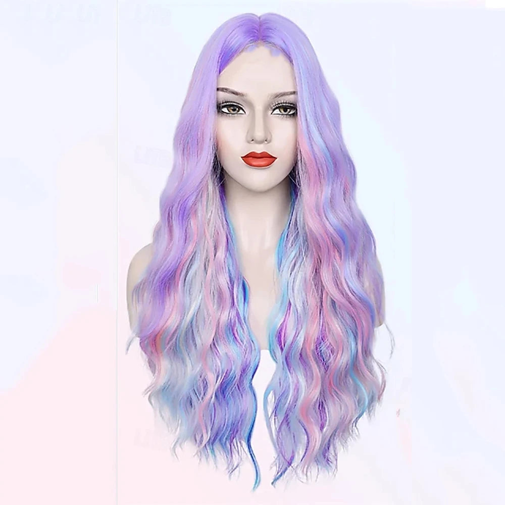 Long pastel wavy wig with hairstyle and parting details