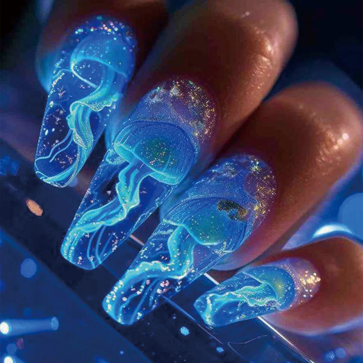 Decorative nail designs shown on hands