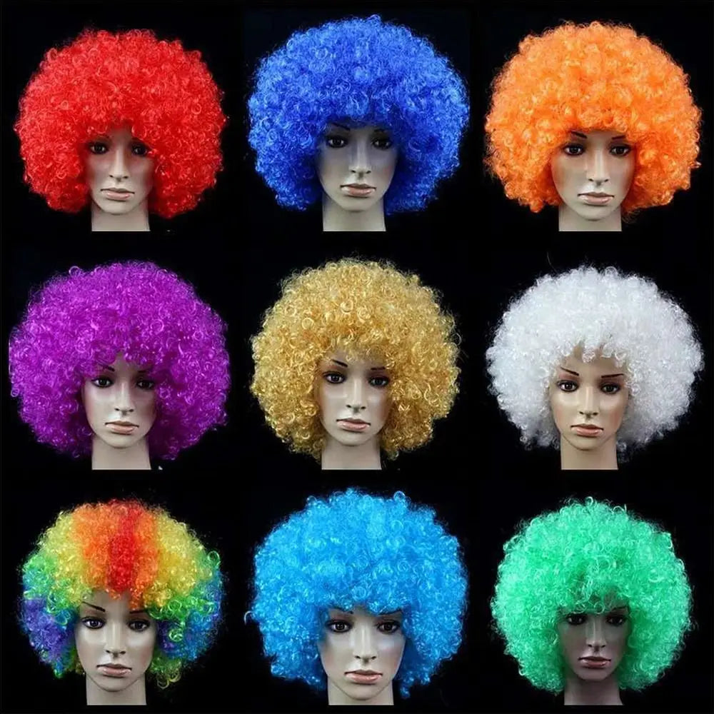 Curly costume wig color options shown on mannequins