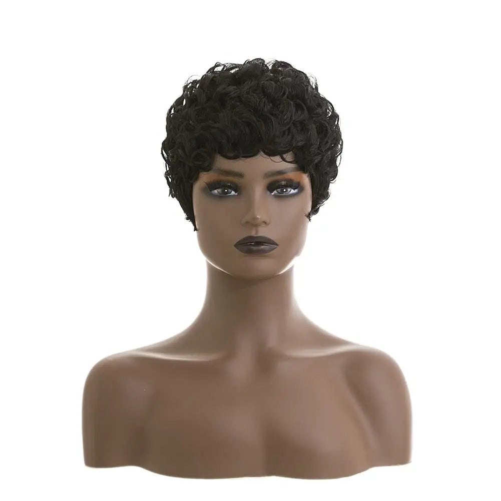 Short curly wig shown on a mannequin from different angles