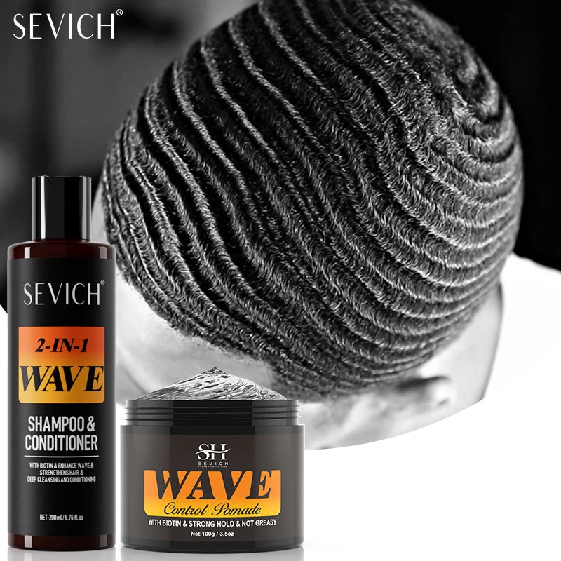 Wave shampoo and pomade with hairstyle and application graphics