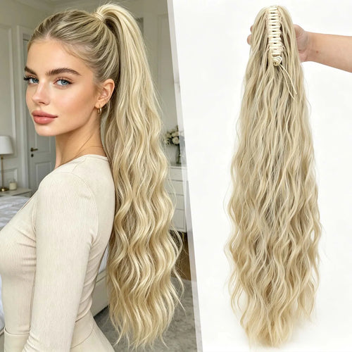 Wavy ponytail extension with styling or clip details