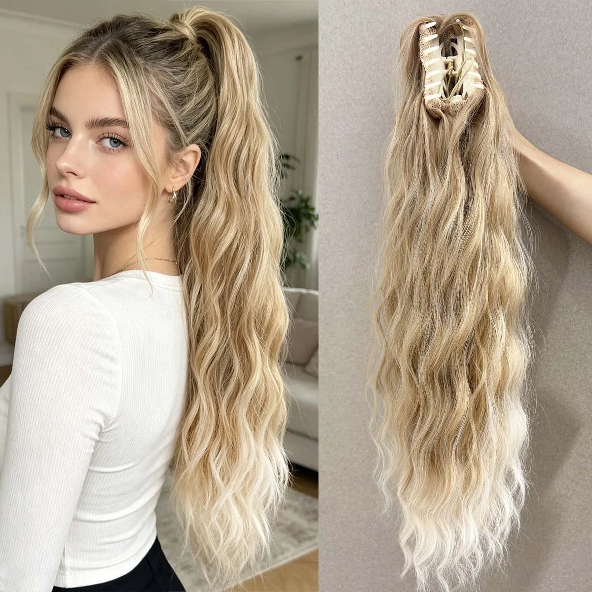 Long wavy ponytail extension with hairstyle and back views