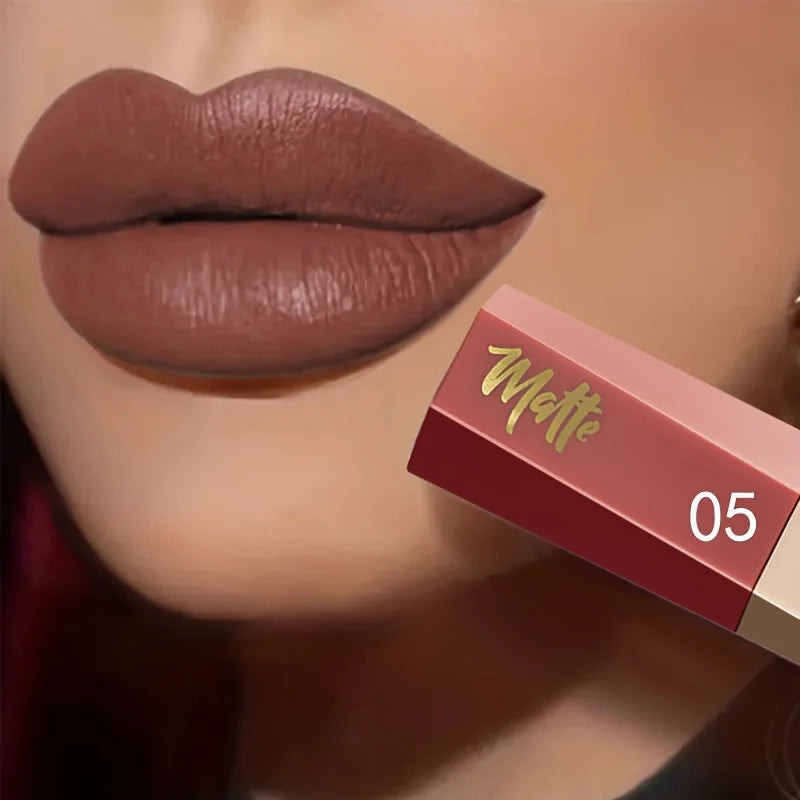 Liquid lipstick shade shown on lips beside its numbered tube
