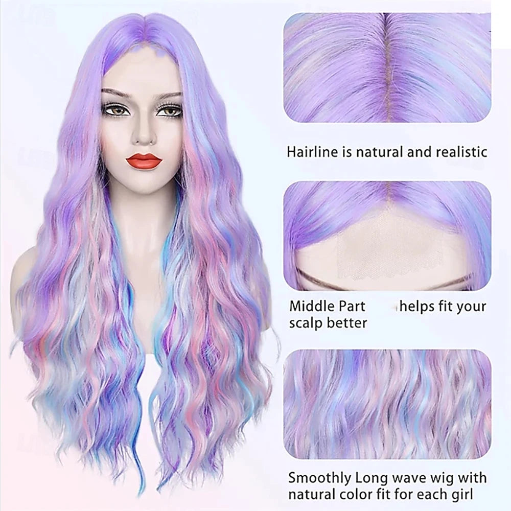 Long pastel wavy wig with hairstyle and parting details