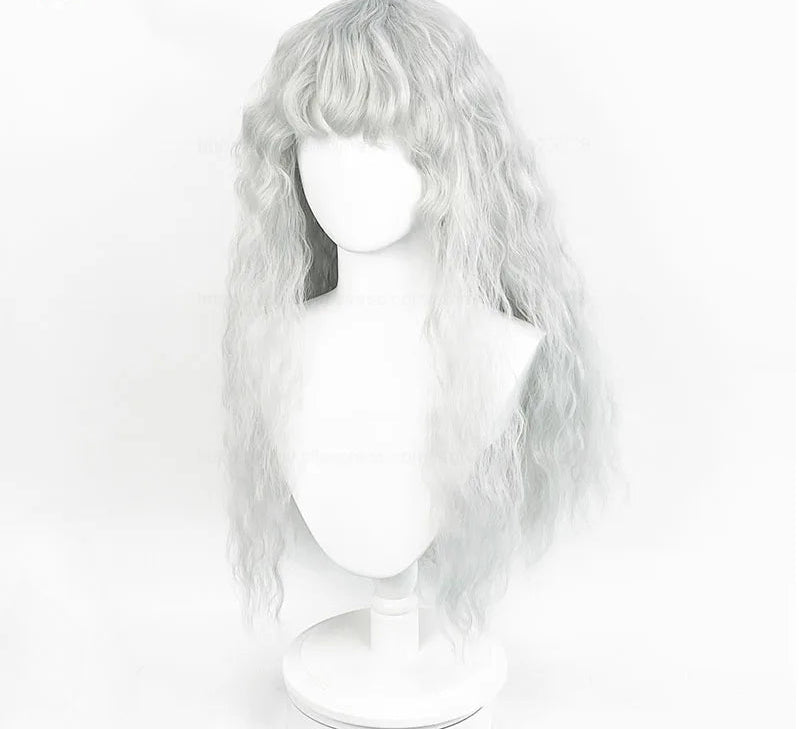 Long white wavy cosplay wig shown on a mannequin