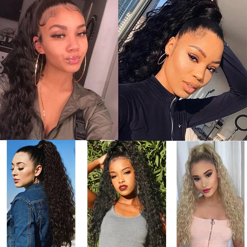 22" Long Kinky Wave Curly Drawstring Ponytail Extension