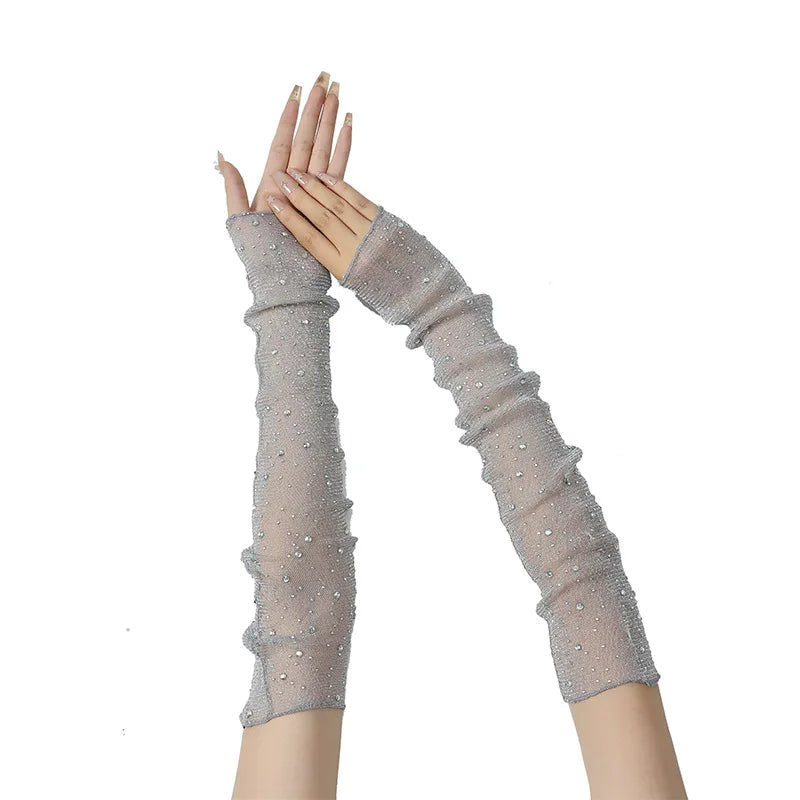 Long Fingerless Rhinestone Mesh Gloves
