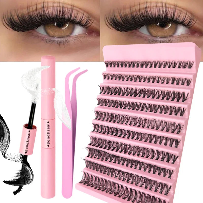 False eyelash clusters in trays with lash application examples