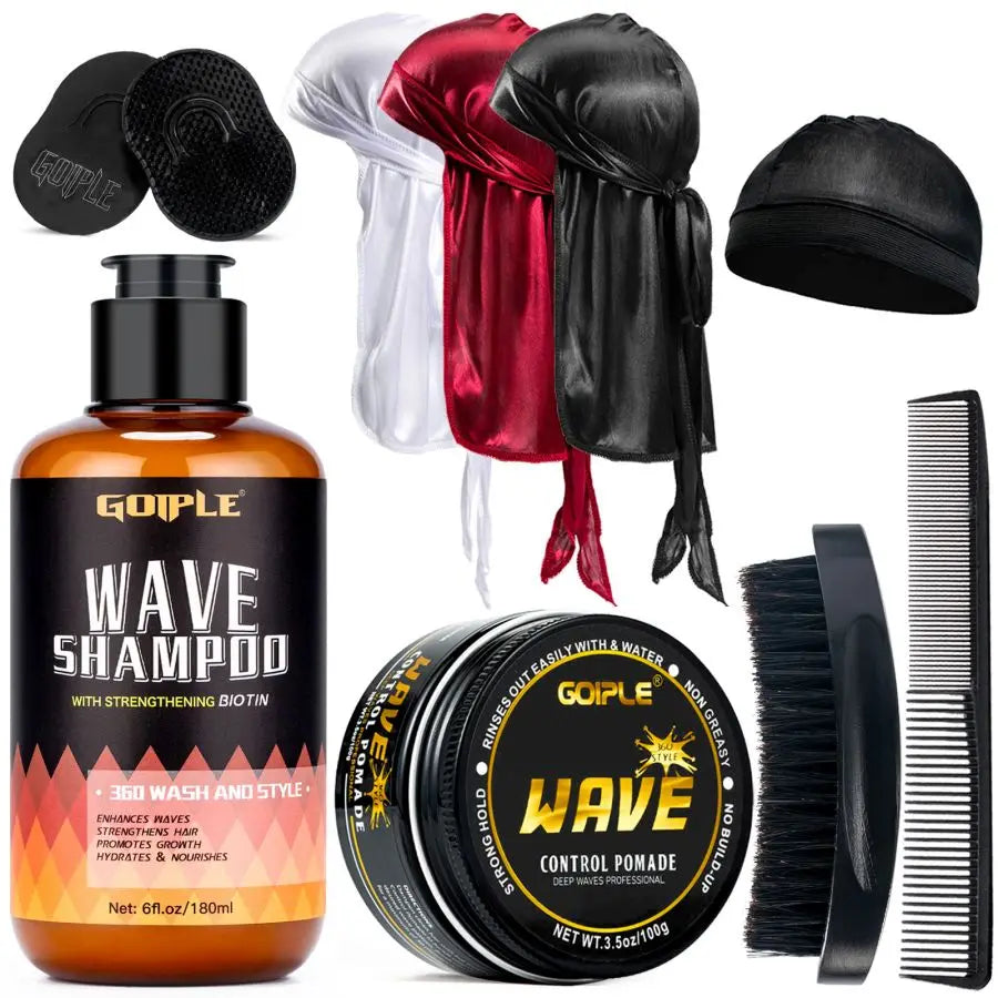 Wave styling product kit with brushes and caps