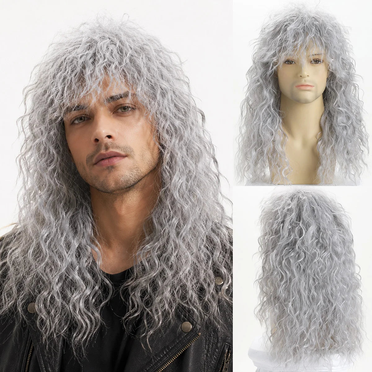 Long gray rocker wig with hairstyle examples