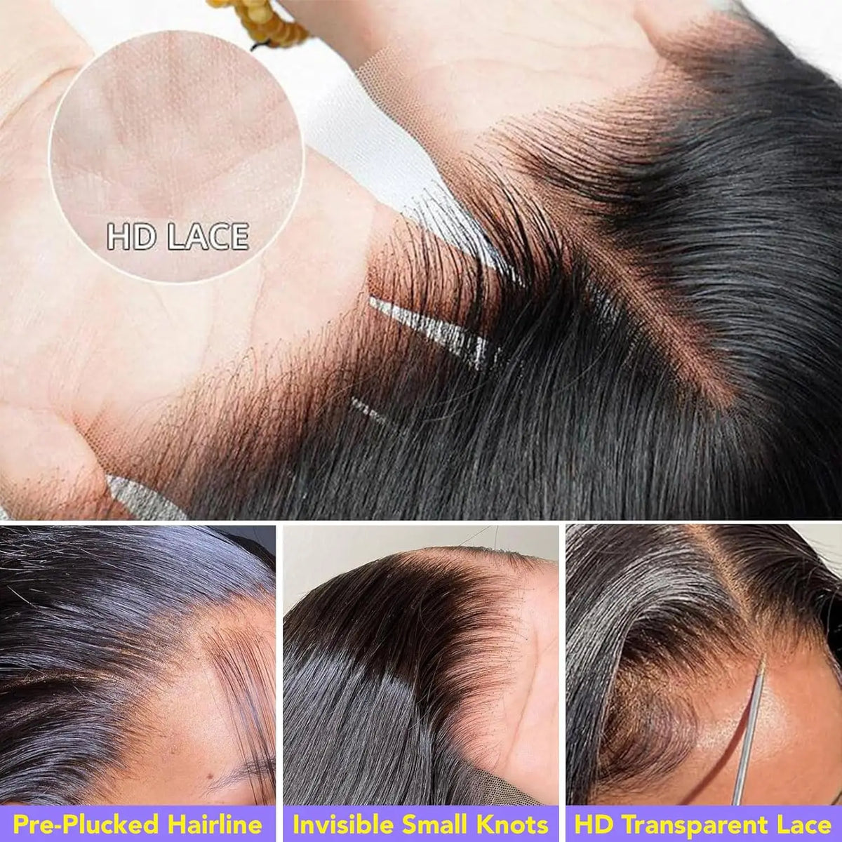 Long straight dark wig with hairline and styling examples