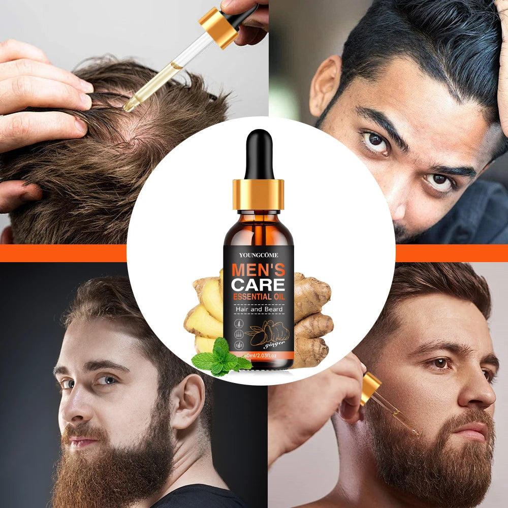 Men's care oil bottle with grooming, ingredient and application graphics