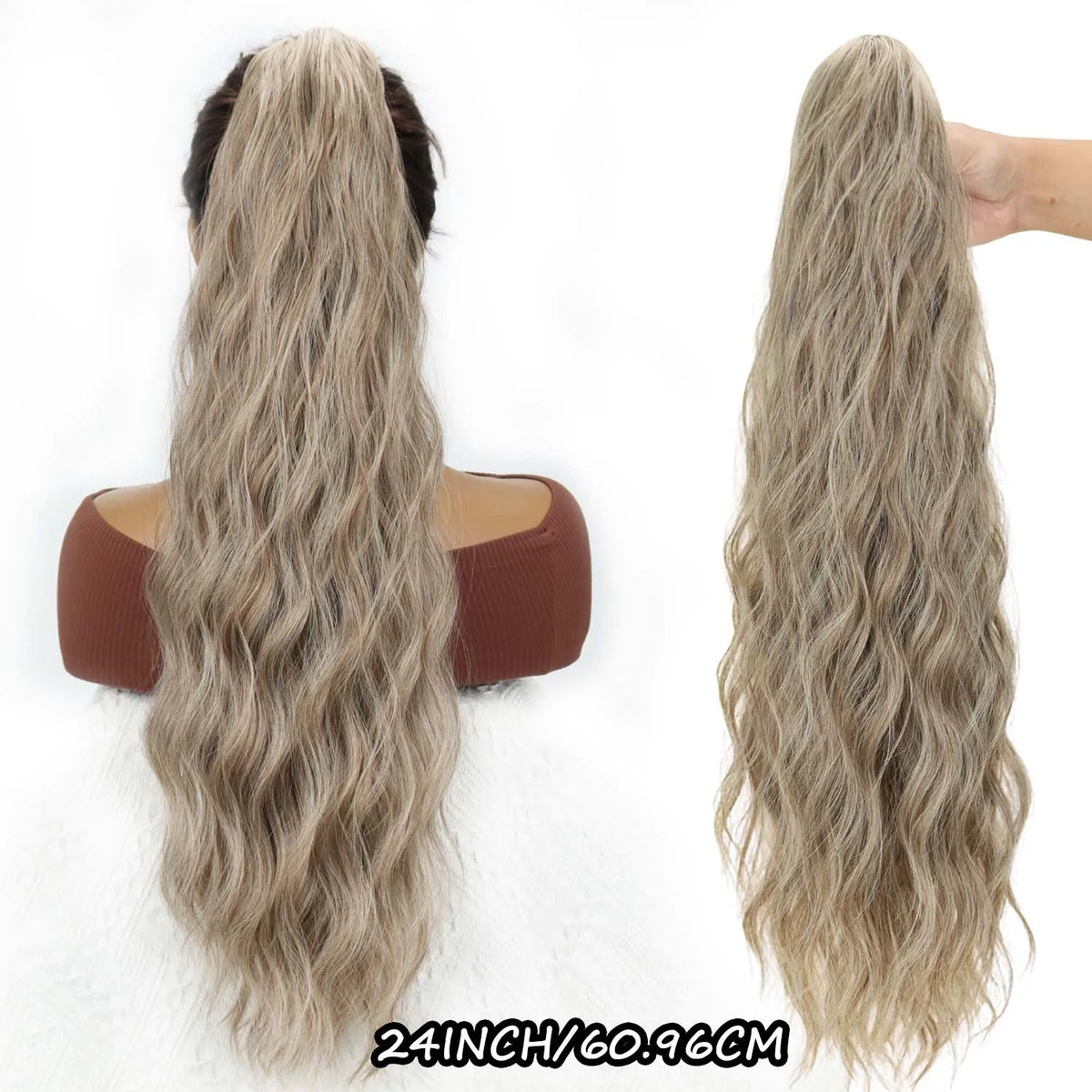 Wavy ponytail extension with styling or clip details