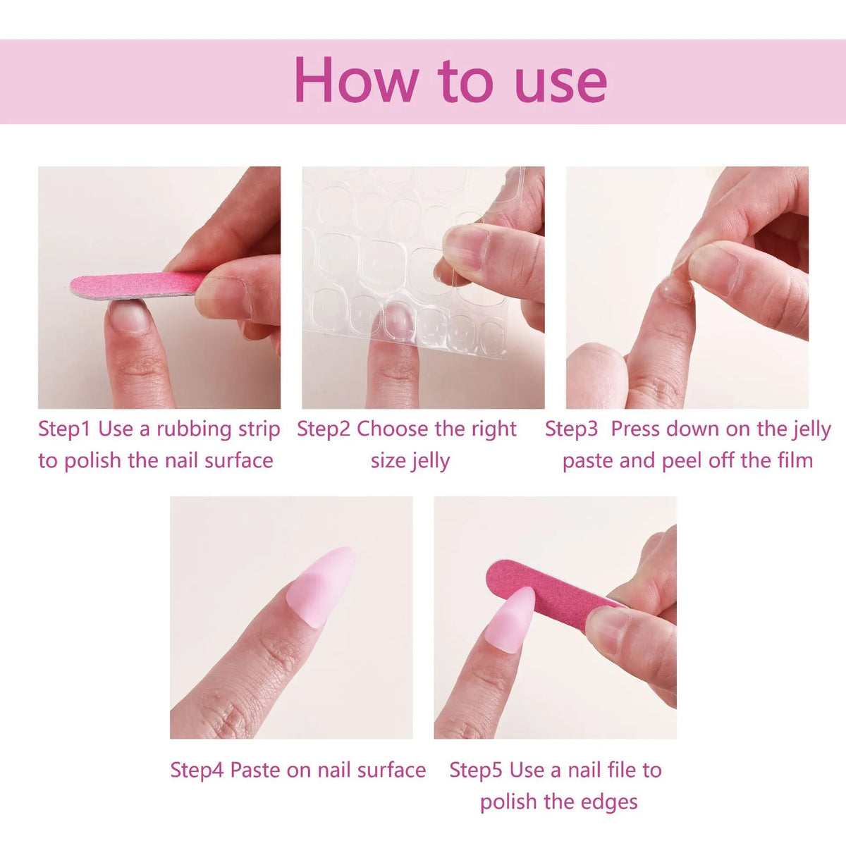 Illustrated press-on nail application instructions