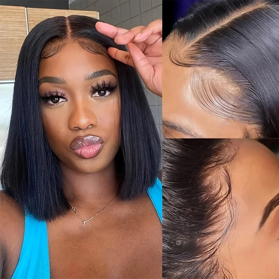 Straight dark bob wig with styling and hairline details