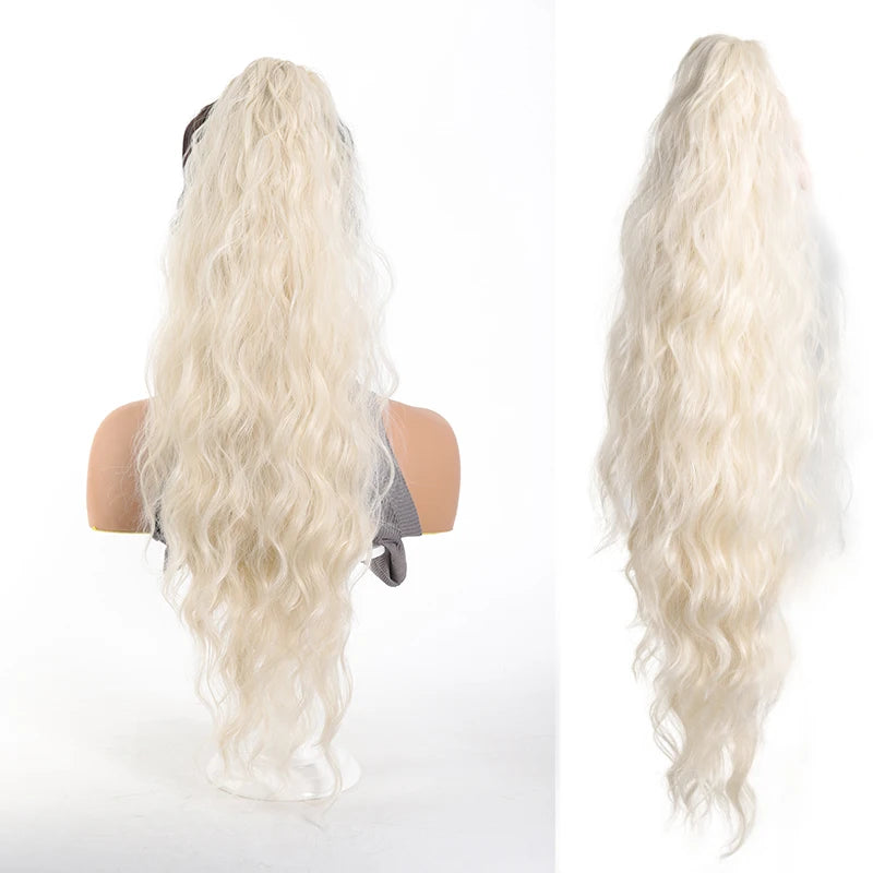 Long wavy ponytail extension shown on a mannequin and laid out
