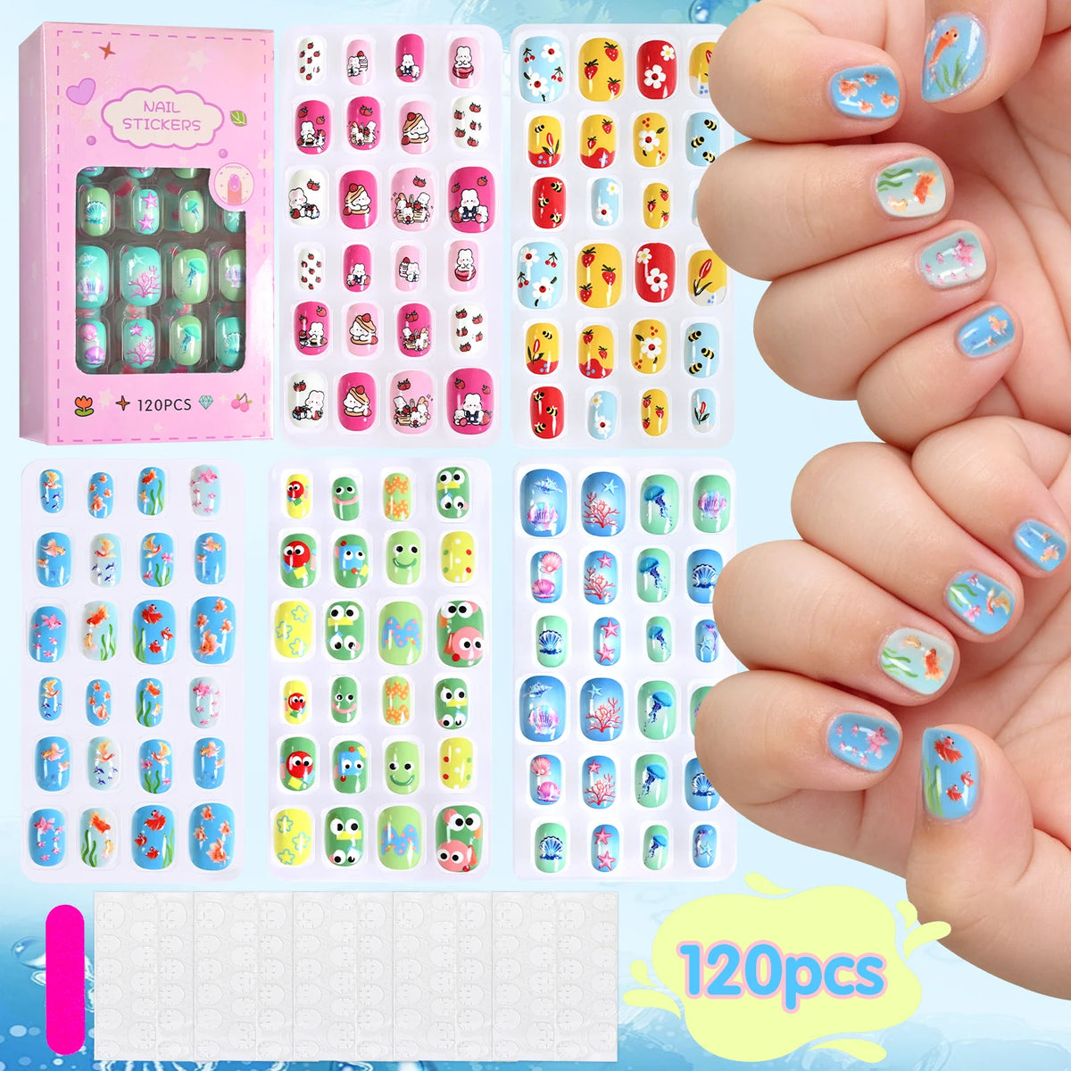 Assorted colorful press-on nails with packaging and manicure accessories