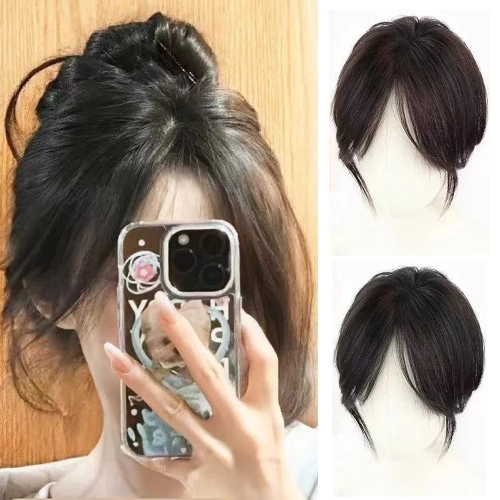 Clip-in fringe hairpiece with styling and construction examples