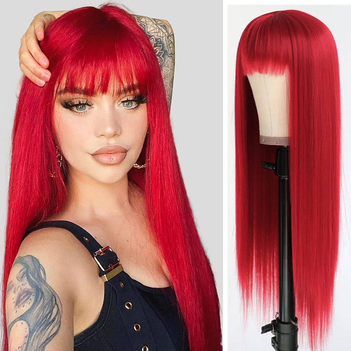 Long straight wig with bangs shown on a model and mannequin