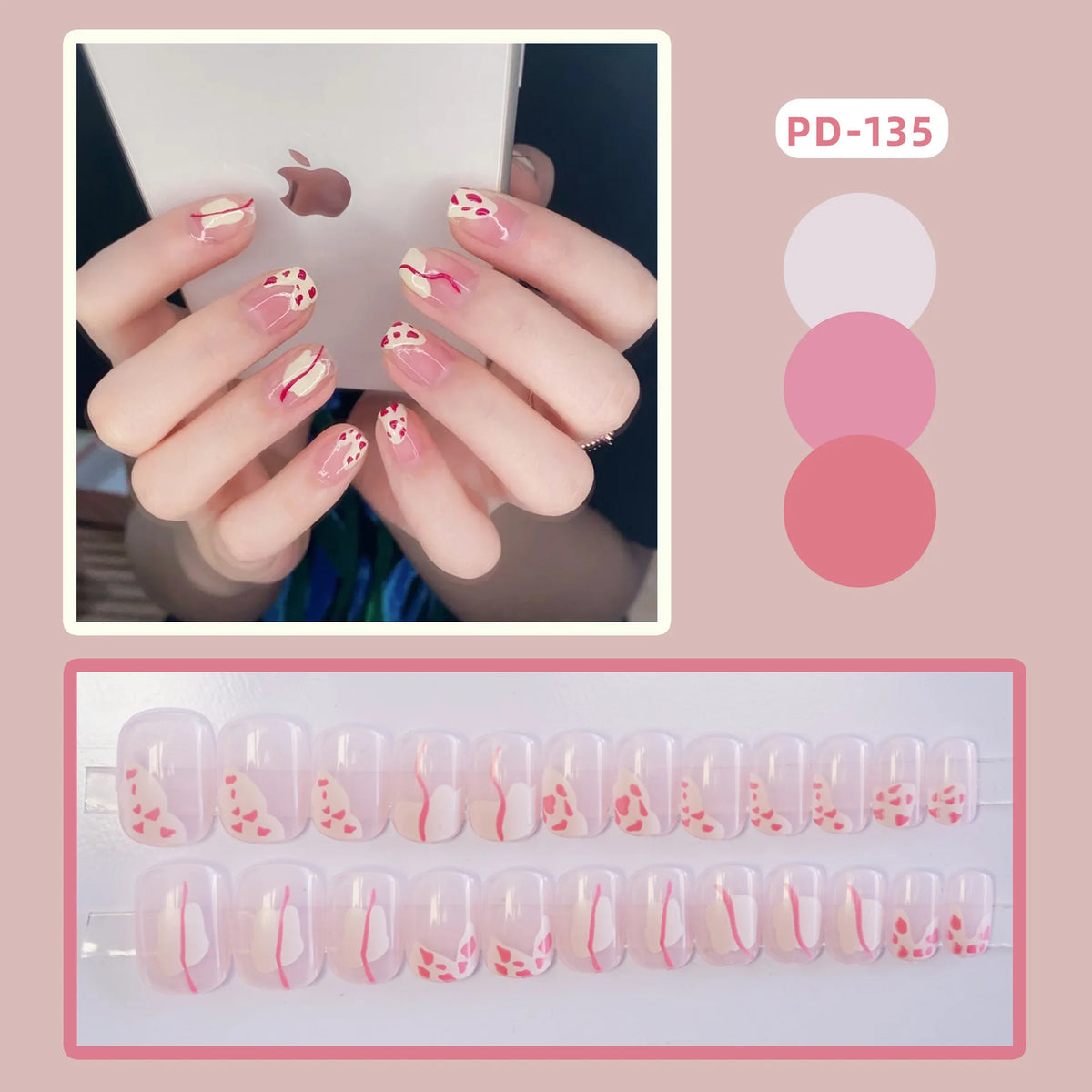 Press-on nail set with manicure example and shade samples