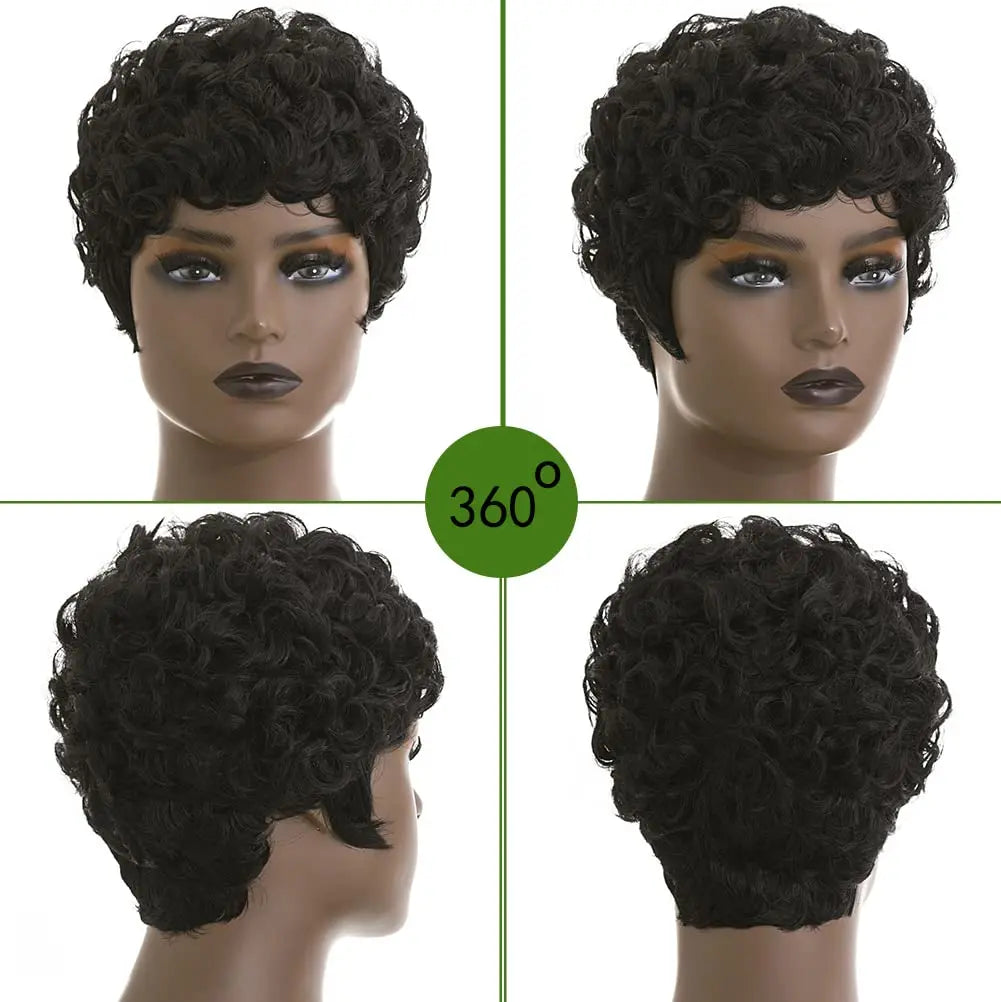 Short curly wig shown on a mannequin from different angles