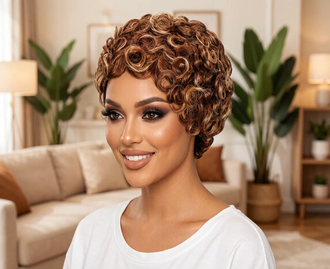 Short curly wig styled on a model