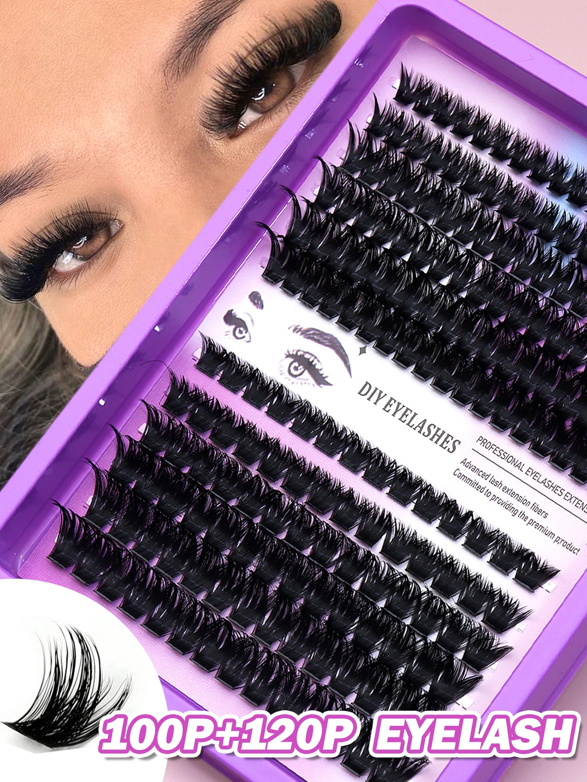 False eyelash clusters arranged in rows in a tray
