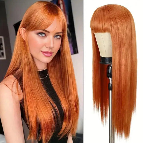 Long orange straight wig with bangs and product details