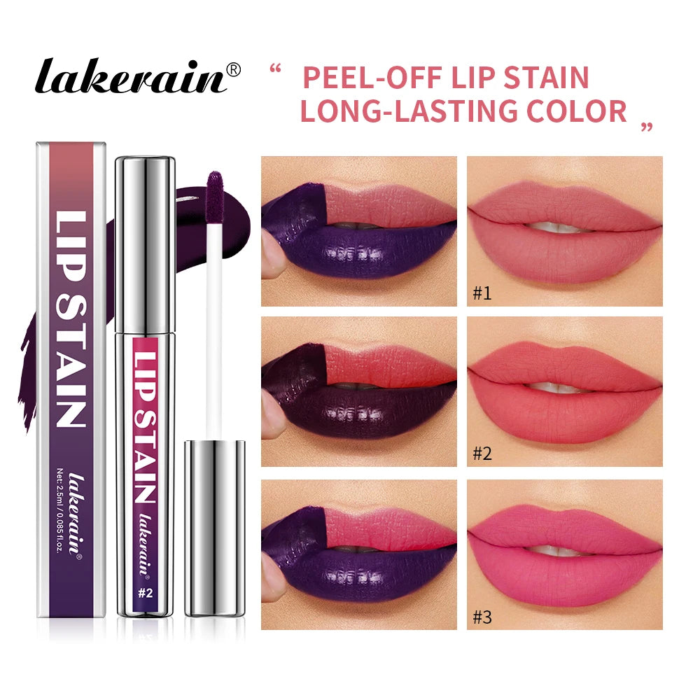 Peel-off lip stain with lip application and color swatch examples