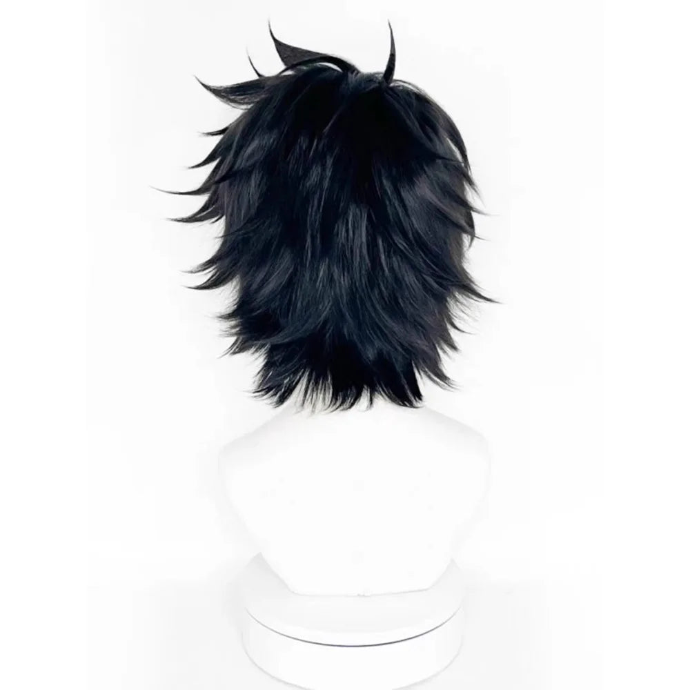 Short spiky dark cosplay wig on a mannequin